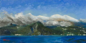 Original Lake Como oil painting with Alpine mountains, deep blue water and dramatic clouds in Lombardy, Italy by Andrea Bocedi.