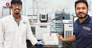 Testron engineer presenting training certificate for intrinsic viscosity measurement instrument at Middle East Testing Services L.L.C, UAE