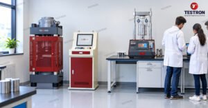 University students using material testing laboratory equipment for concrete and construction materials research