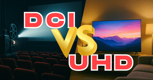 DCI 4K = 映画館規格 vs 4K UHD = リビング規格 — DCIとUHDを完全比較! - dci vs uhd 「DCI VS UHD」の大きな文字が中央に重なり、左に上映中の映画館スクリーンとプロジェクター、右にリビングの4Kテレビを対比させた16:9画像