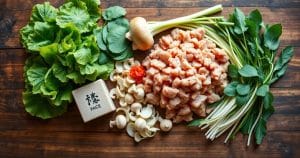 Hình ảnh minh họa các nguyên liệu tươi ngon được sắp xếp tỉ mỉ, sẵn sàng cho quá trình chế biến món bún mọc chuẩn vị Hà Nội, bao gồm thịt xay, giò sống, tôm, nấm hương, hành và các loại rau sống ăn kèm.