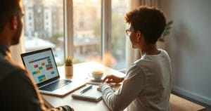 Hình ảnh một người đang ngồi làm việc tại bàn trong không gian ngăn nắp, chiếc laptop hiển thị lịch trình được sắp xếp khoa học. Toát lên vẻ bình tĩnh, tập trung và năng suất cao, minh họa cho lợi ích của việc quản lý công việc cá nhân hiệu quả.