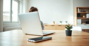 Hình ảnh một người đang tập trung cao độ làm việc trên laptop tại bàn làm việc gọn gàng, chiếc điện thoại được đặt úp mặt thể hiện việc loại bỏ các yếu tố gây xao nhãng.