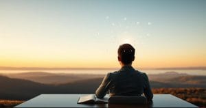 Một người đang làm việc tại bàn làm việc gọn gàng, nhìn ra khung cảnh bình yên của hồ nước hoặc đồi núi vào buổi bình minh. Bàn làm việc có sổ tay và máy tính bảng hiển thị danh sách công việc rõ ràng. Xung quanh đầu người đó, những dòng suy nghĩ hỗn loạn dần biến thành những tia sáng có cấu trúc, tượng trưng cho sự tập trung và ngăn nắp tinh thần, tạo cảm giác thanh bình và hiệu quả.