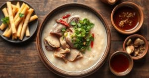 Tô cháo lòng nghi ngút khói, nóng hổi và đậm đà hương vị, được bày trí đẹp mắt trên nền bàn gỗ mộc mạc. Bên trên là các loại lòng heo thái lát vừa ăn, phủ đầy hành lá, rau răm, ngò gai xanh mướt, cùng chút tiêu xay và ớt tươi. Kèm theo là đĩa quẩy giòn và chén nước mắm gừng thơm lừng, tạo nên một bữa ăn dân dã mà hấp dẫn chuẩn vị Việt.