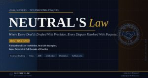 Neutral's Law blog cover image featuring the firm's official seal logo on a deep navy background with gold accents, titled Transactional Law — Definition, Real-Life Examples, Areas Covered and Full Domain of Practice, with service tags including Contract Drafting, M&A, ADR, Arbitration, Mediation and Settlements, published by Neutral's Law International Legal Practice and Business and commercial transactions handling by transactional lawyer at neutralslaw.com