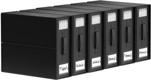 Color-coded file storage drawers labeled with personal names for organized document management and home organization.