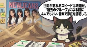 砂のように風化していくNewJeansのポスターを背に、真剣な表情で語るアトリエ猫。世間に忘れられ「過去のグループ」になる危機感を訴え、4人での音楽活動再開を提言。ファンとしての切実な願いと専門的な分析を融合させた結論パネル。