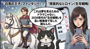 白馬の王子が象徴するファンタジーと、スマホを持つ現実的なヒロインの対比を分析するアトリエ猫。 2030世代の「生存戦略」を高い解像度で写した鏡としてのドラマ性を強調。 専門的な視点で作品の本質を突くブロガーの経験と視点を視覚化したパネル。