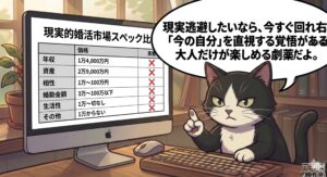 人差し指を立てて読者に警告するドヤ顔のアトリエ猫。 画面には現実的な婚活市場の比較表。 現実逃避を許さない「劇薬」としての作品性を、誠実なアドバイスと独自の「保留術」的な視点で伝える、4コマ漫画の結論となるラストパネル。