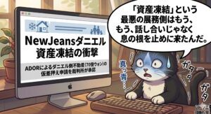 NewJeansダニエルの資産凍結のニュースに真っ青になり震える白黒猫（アトリエ猫）。画面には「70億ウォンの不動産仮差押え」の文字。事務所側の強硬姿勢と、活動再開が危ぶまれる絶望的な状況をブロガー独自の視点で視覚化した4コマ漫画。