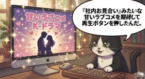 甘いラブコメを期待してPCの前でワクワクする白黒の「アトリエ猫」。 画面にはキラキラしたエフェクトと共に「甘いラブコメ K-ドラマ」の文字。 王道ロマンスへの期待という独自の「聖域体験」を前にした心理を視覚化したイラスト。