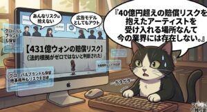 「431億ウォンの賠償リスク」という巨大な壁を前に、他事務所から拒絶されるリスクを分析するアトリエ猫。40億円超えの負債を抱えたアーティストが移籍不可能な業界の冷徹な現実を、ブロガーの深い洞察で描写した4コマ漫画の第3パネル。