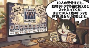 独自の比喩を使ってメンバーを見分ける楽しさを表現するアトリエ猫。難解な多人数グループの識別を「体験」としてポジティブに捉え直し、読者が記事内容を実践したくなるよう促す。