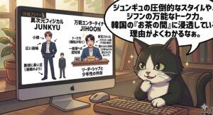ジュンギュやジフンの韓国国内での人気の理由を解説するアトリエ猫。ビジュアルやバラエティ能力がブランド評判にどう影響しているかという専門的な分析を補完し、記事の信頼性を高める。