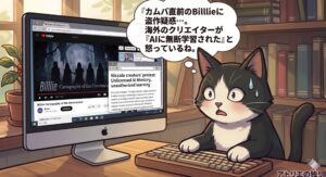 Billlieの予告映像に浮上した盗作疑惑のニュースを見て驚くアトリエ猫。インディーズ作品『Niccolo』の制作者による抗議という、不穏な事態の幕開けを視覚化し、記事のテーマであるトラブルの深刻さを伝える導入。