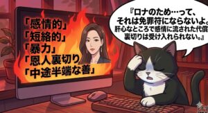 アトリエ猫がドラマ『ペントハウス』のオ・ユニを分析。モニターには『暴力』『裏切り』等のキーワードが浮かび、猫は呆れた表情で『ロナのため…って免罪符にならない』と呟く。記事の独自分析を視覚化したイラスト。