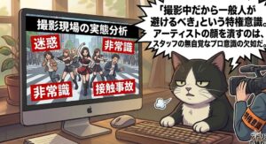 路上ダンスで炎上するMEOVVのニュースを冷徹に分析するアトリエ猫。混雑した日本の路上で撮影を強行し、通行人に接触した騒動を視覚化。アーティストを輝かせるべきスタッフの無自覚な特権意識が、逆にアイドルの顔に泥を塗る現実を突く、ブロガー独自の視点。