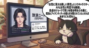 韓流アトリエ猫が歌手兼作曲家LeeZuの美貌と葛藤を分析。PCモニターの「20代女性」というAI判定結果を基に、「女性と間違われる美しい男性」というキャラクターと、自虐的なジョークの裏にあった孤独やアイデンティティの揺らぎを推測する。記事の独自経験（分析）を可視化。