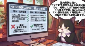HYBEがサイバーレッカー（企業Fastview）への法的措置で事実上の敗訴を喫した事実を受け、アトリエ猫が「法的な守りの限界」と「ILLIT独自の物語構築による攻めの戦略」を分析する1パネル漫画。ソウル西部地裁による棄却の現実と、NewJeans再始動を機にしたイメージ逆転の可能性という筆者独自の深い洞察を視覚化し、記事の専門性と独自性を補完。