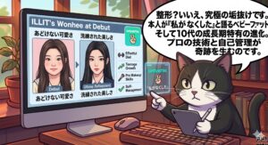 韓流アトリエ猫が、整形疑惑を覆すILLITウォンヒのビジュアル変化の真相を解説するイラスト。本人の努力（ベビーファットは私がなくした）と10代の成長、プロのメイク技術が融合した究極の垢抜けであるという独自経験に基づく誠実な分析を可視化。