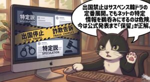 韓ドラ視聴経験が豊富な筆者の分身アトリエ猫が、出国禁止という展開に触れつつ、SNSの不確かな特定情報を鵜呑みにしない保留術を読者に指南するイラスト。独自の視点と冷静な分析による聖域体験を提供する。