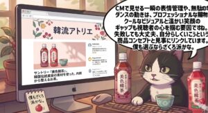 韓流アトリエの看板猫がサントリー「美色韓茶」を飲み比べ。BABYMONSTERアサのCMで見せたプロ意識を分析し、自身も「ざくろ派」だと主観的な感想を述べているイラスト。