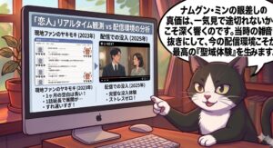 白黒タキシード柄の猫が韓国ドラマ「恋人」の視聴環境を分析するイラスト。2023年リアルタイム放送時の1話延長やすれ違いへの現地ファンの不満と、2025年現在の配信環境によるノンストレスな没入「聖域体験」の価値を比較解説する画面。