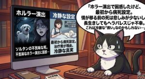 韓流アトリエ猫がドラマ『ペントハウス』のソルタンの死因を分析。不気味な演出に困惑する猫と、モニターに表示されたホラー演出と冷静な病死設定の対比。情が移る前の死で悲しみが少ないという冷徹な『救い』を提供する聖域体験を可視化。