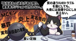 MCモンの生配信炎上を、過去の「兵役逃れ有罪」という重い鉄球と、炎の中に浮かぶ実名暴露（ベクヒョン、THE BOYZ、キム・ミンジョンなど）のキーワードで表現。白黒のタキシード柄のアトリエ猫が冷静な表情で、「質の違うIUのトラブルを盾にしても大衆には自爆テロにしか見えない」と、被害者ポジション工作の失敗を鋭く分析する漫画イラスト。