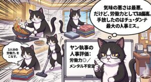 韓流アトリエ猫がペントハウスのヤン執事を分析。料理、掃除、畳む家事を残像付きの猛スピードでこなす3人分の労働力（ Experience ）を視覚化。ホワイトボードに「人事評価：労働力◎、メンタル不安定」と記載し、チュ・ダンテ最大の人事ミスを指摘。
