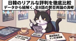 タキシード猫がデスクで日韓のレビューデータを冷静に分析している漫画イラスト。 未視聴のスタンスを誠実な保留術として開示し、総尺4時間のビターな魅力とOSTの価値を客観的にアドバイスする、記事独自の調査経験の視覚化。