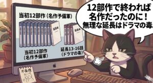 韓国ドラマ「シン・イラン法律事務所」の話数延長による失速を分析するアトリエ猫。当初の12部作を名作予備軍と評価しつつ、16部作延長をドラマの毒と見抜いたJUN独自の専門的な視点を補完し、E-E-A-Tを強化するイラスト。