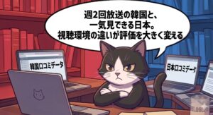 ブロガーの分身である白黒のタキシード柄の猫（アトリエ猫）が、デスクでパソコンを前に日韓のドラマ評価データを分析するイラスト。背後の本棚は赤と青で日韓のギャップを表現。「週2回放送の韓国と、一気見できる日本。視聴環境の違いが評価を大きく変える」という、執筆者の経験に基づく独自考察を示す台詞が入っている。