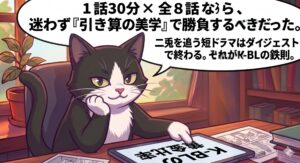 白黒タキシード柄の猫が、韓国版WHY R Uの評価と構造的欠陥を冷静に批評するフラットベクター漫画。 1話30分全8話というK-BL短尺フォーマットにおける脚本の罠や、引き算の美学の重要性といった筆者独自の検証経験を視覚化したイラスト。