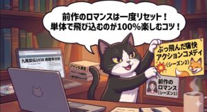 韓国ドラマ「九尾狐伝1938」の視聴スタンスを解説するイラスト。白黒のタキシード猫が前作のロマンス看板から痛快アクションコメディの看板へと掛け替え、前作とのジャンル激変に戸惑うファンに向けて「単体作品として飛び込むべき」という独自の誠実なアドバイスを視覚化した単一パネル漫画。
