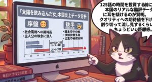 白黒タキシード柄の猫が、長編ドラマ「太陽を飲み込んだ女」の本国炎上データを冷静に分析しているイラスト。125話の時間を投資するリスクに配慮し、期待値を下げて流し見する距離感を誠実にアドバイスする、ブロガー独自の保留術と経験を視覚化。