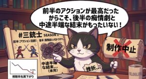 韓流ブログ「韓流アトリエ」のアトリエ猫が、ドラマ「三銃士」シーズン1の後半が痴情劇で停滞し「中途半端な結末（未完）」に終わった巻物と、完全に「制作中止」となったシーズン2の巻物を指差す漫画イラスト。右肩下がりの視聴率グラフも描かれ、シーズン制の罠による挫折経験を代弁。