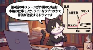 本国のリアルタイム評価を分析するタキシード猫のイラスト。第4話のキスシーンを境にお仕事劇の比重が下がり、ロマンスが急上昇した推移をグラフで示し、本格派とラブコメ層で評価が激変するドラマの特性を独自の検証経験として視覚化した画像。