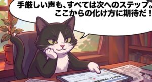 財閥家の末息子におけるティファニーの演技力を巡る現地評価をタブレットで分析しながら、次作へのステップとして前向きに捉えるアトリエ猫の漫画。安易な批判に走らず、女優としての可能性を見守る保留術の独自経験を視覚化したイラスト。