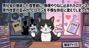 「財閥家の末息子」の原作ウェブ小説とドラマ版の構造的違いを分析する白黒タキシード猫のイラスト。徹底した男社会の復讐劇に無理やりロマンスを肉付けした改変の歪みが、メインヒロインの描写不足やラブラインの面白くなさに繋がったという独自批評の視覚化。
