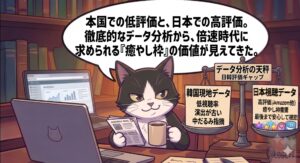 韓国ドラマ「カーテンコール」の日韓評価ギャップをデータ分析するアトリエ猫のイラスト。 本国での低視聴率や古い演出という指摘に対し、 日本で癒やし枠として高評価された背景を徹底的なリサーチ経験から紐解き、 独自の保留術で客観的ファクトを視覚化。