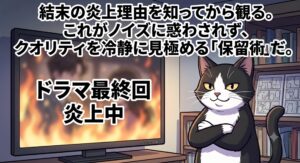 事前に結末の酷評理由を知ることで期待値をコントロールし作品を冷静に楽しむ保留術を解説する、腕を組んだ白黒タキシード猫の漫画イラスト。ファンバイアスなどのノイズに惑わされず、クオリティを誠実に見極める聖域体験の大切さを伝える代替テキスト。