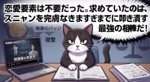 デスクで資料を前に熱弁する白黒タキシード猫の漫画イラスト。ドラマ「財閥家の末息子」のソ・ミニョンに対し、中途半端な恋愛担当ではなく検察の力でスニャンを叩き潰す最強の相棒としての姿を求めていたブロガーの独自経験と熱い考察を表現した画像。