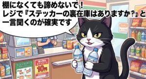コンビニの売り場でTXT×サントリーコラボのきりっと果実を持つ白黒タキシード柄のアトリエ猫。売り場にステッカーが見当たらなくても諦めず、レジで裏在庫を確認して確実に確保するためのコツを提案するイラスト。