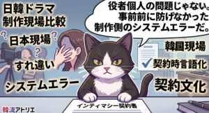 白黒のタキシード猫が日韓のドラマ制作現場を比較分析する漫画。佐藤二朗と橋本愛の身体接触論争を役者個人の問題ではなく制作側のシステムエラーと捉え、撮影前にインティマシー契約書でルールを言語化する韓国の契約文化の重要性を誠実に伝える描写。