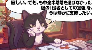 NCTウィンウィンの脱退発表を受け、長年活動を追ってきた筆者の視点で理由を考察。グループ不参加へのもどかしさと、中国でのドラマ撮影の物理的限界を超えて役者へ完全独立する彼の覚悟に共感し、誠実に応援する白黒タキシード猫の漫画。