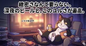 夜のリビングのソファでビールとスナックを片手にくつろぎ、 テレビのユルいB級韓ドラを観て微笑む白黒タキシード猫のイラスト。 緻密なサスペンスに疲れた読者に向けて、 IQをゼロにして気楽に消費する贅沢な視聴経験を誠実にアドバイスする。
