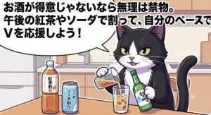 お酒が得意でないファン向けにチャミスルの紅茶割りやソーダ割りを試すアトリエ猫のイラスト。無理をせず自分のペースで割って楽しむことを伝える独自の体験談とアドバイスを表現し、ブログ記事の信頼性と可読性を高めています。