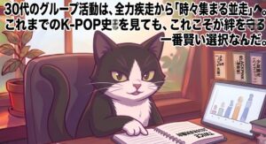 30代を迎えるK-POPグループの存続方法について、2PMやBLACKPINKの事例を元に客観的な分析を示すアトリエ猫のイラスト。全力疾走から並走へとシフトする「別々に、でも一緒に」という持続可能な選択の合理性を、2026年のTWICE契約動向を元に説明している。